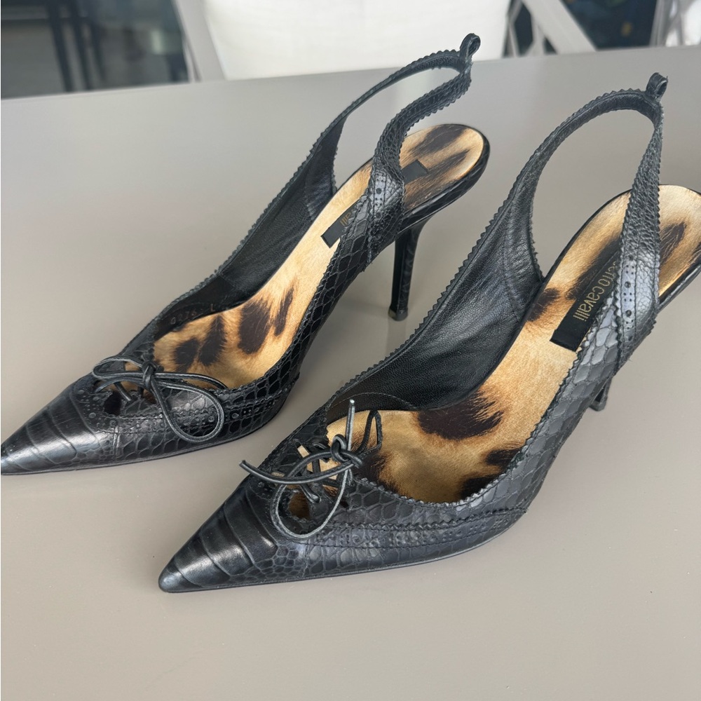Roberto Cavalli Black Textured Slingback Heels